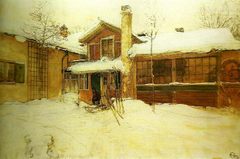 Carl Larsson min stuga pa landet i vinterskrud oil painting image